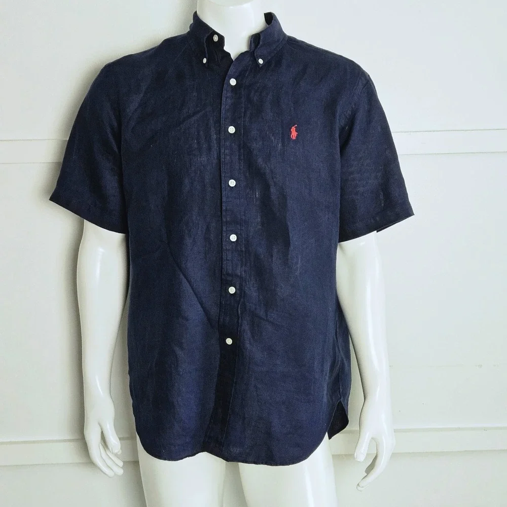 Polo Ralph Lauren Mens Navy Blue 100% Linen Short Sleeve Button Down Shirt L